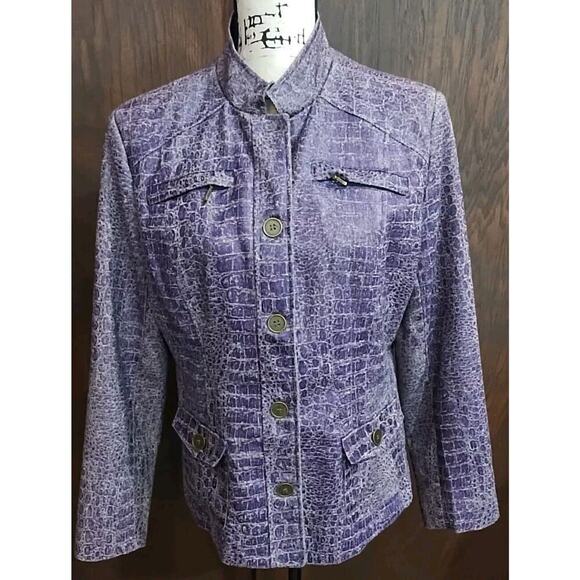 Joni B Alligator Purple Trucker Jacket Blazer pockets mandarin collar Size Large - Picture 1 of 6
